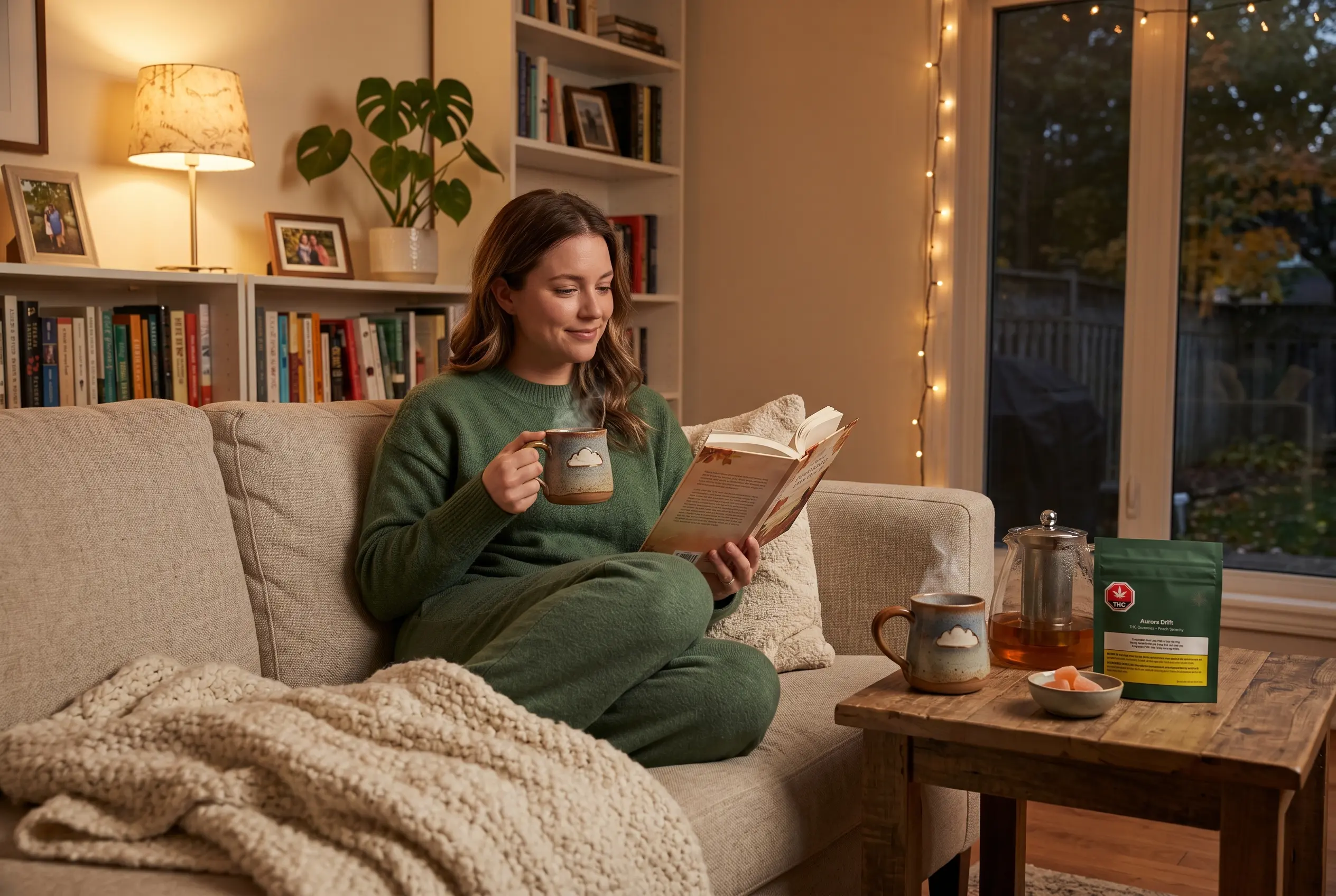 Relaxing lifestyle scene with cannabis gummies on side table