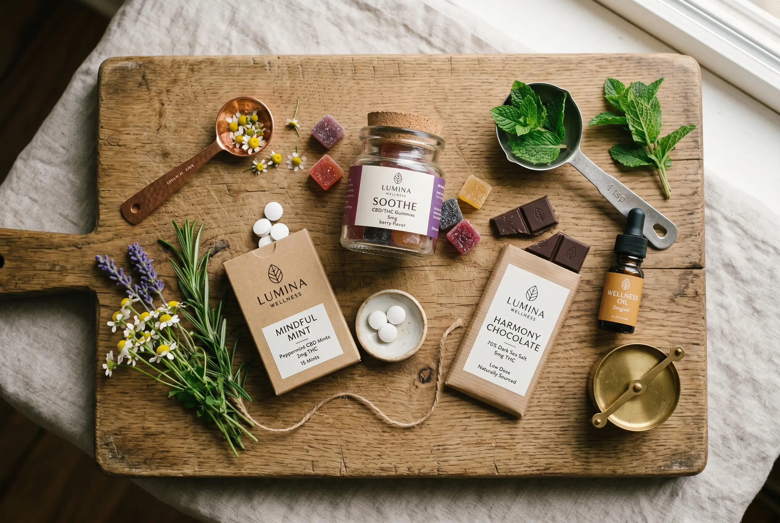 Variety of low-dose cannabis edibles including gummies, chocolates, and mints