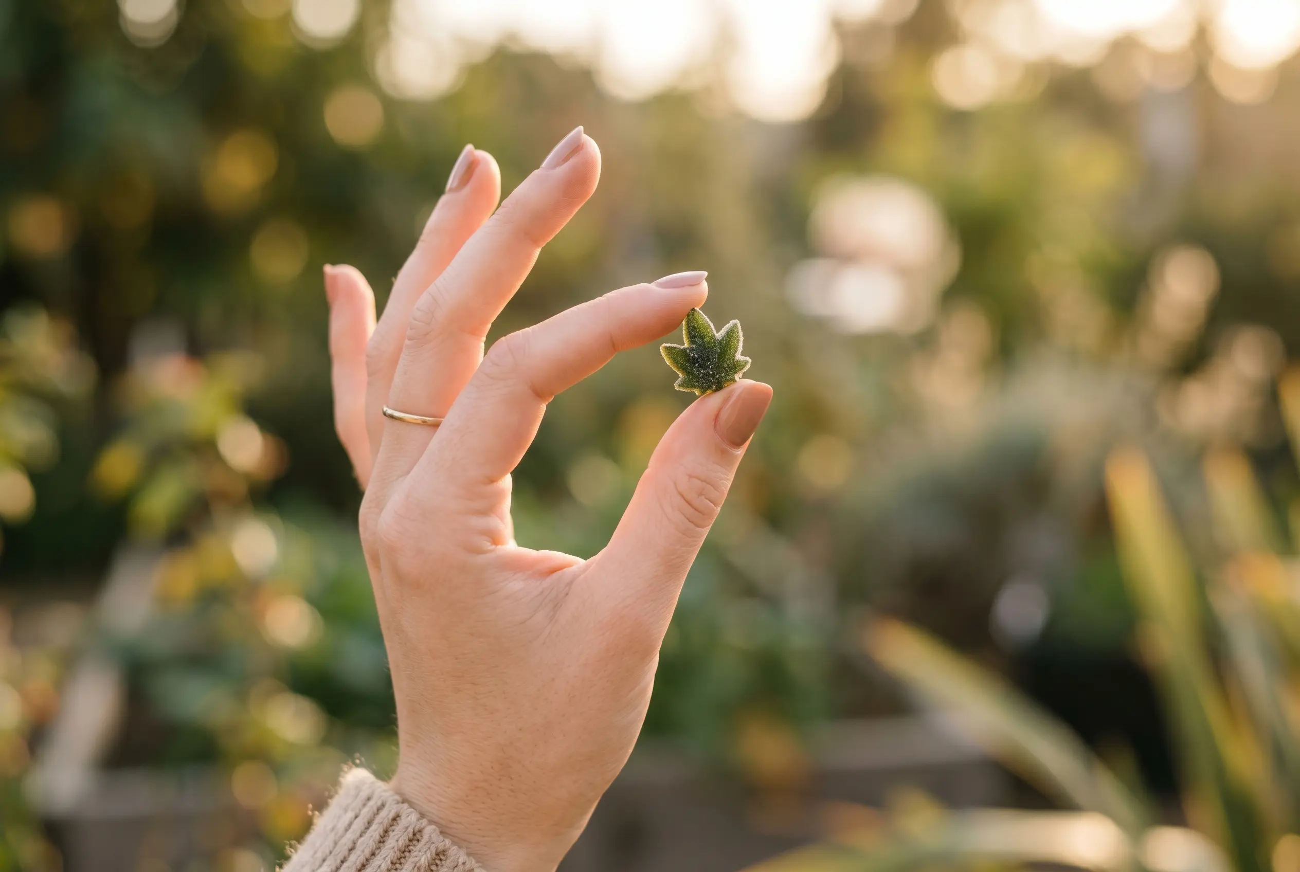 Hand holding a single small cannabis gummy showing precise microdose