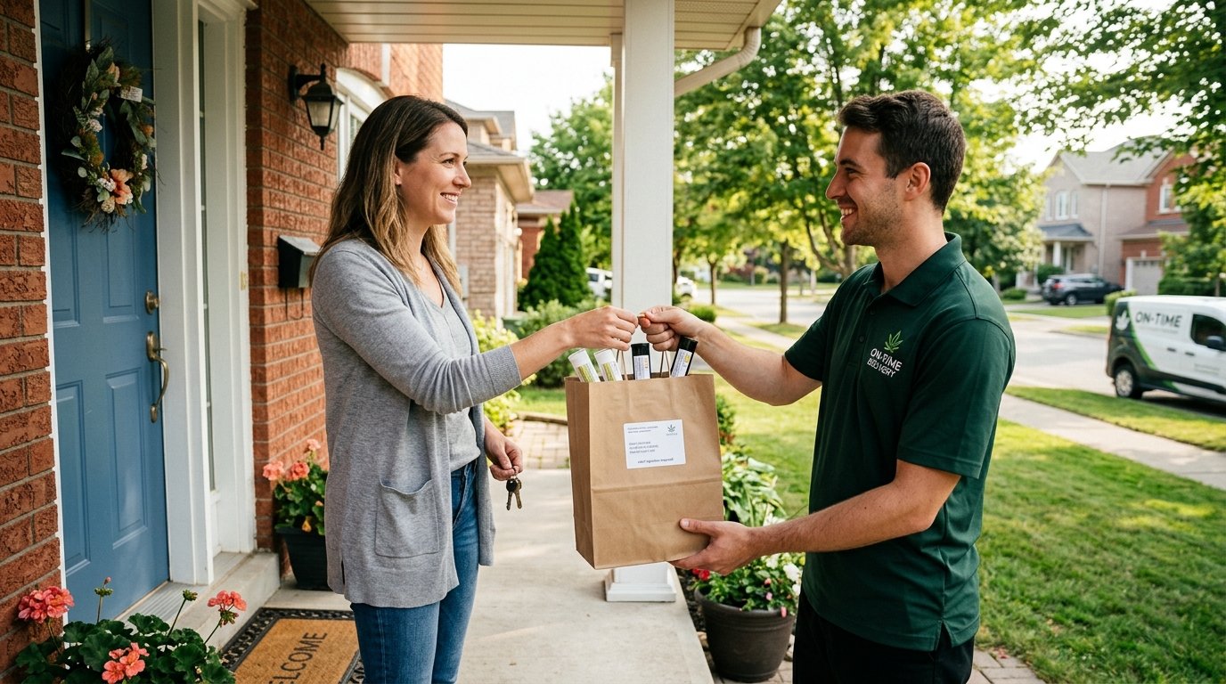 Cannabis delivery package being handed over at a front door in Ontario