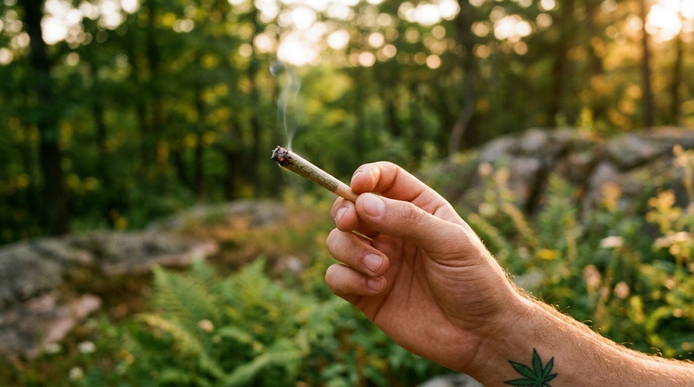 Person enjoying a cannabis pre-roll outdoors in a natural Ontario landscape