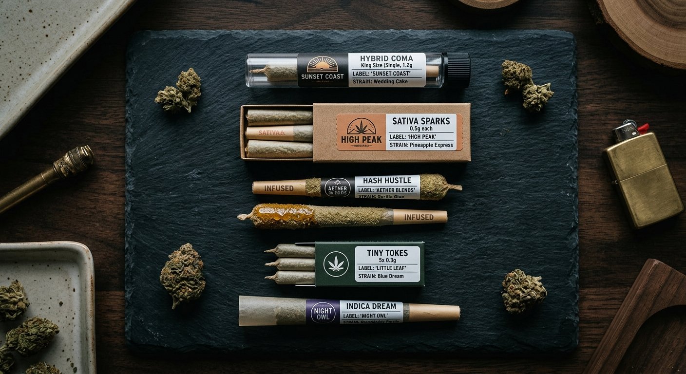 Variety of cannabis pre-roll types including singles, multi-packs, and infused pre-rolls