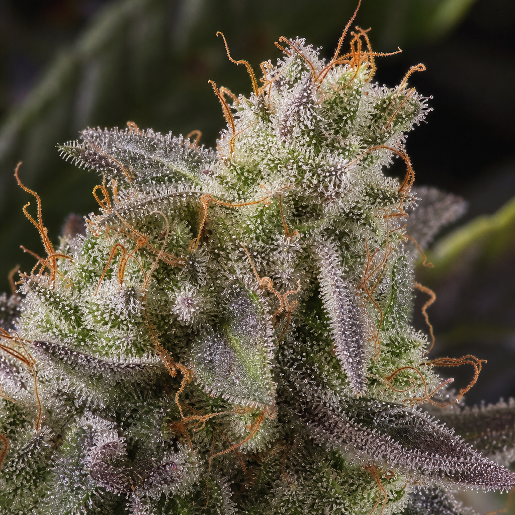 Close-up of frosty sativa cannabis buds with trichomes