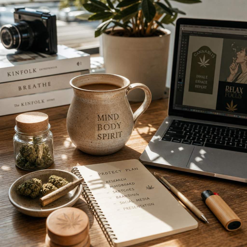 Creative workspace with coffee and cannabis for morning productivity