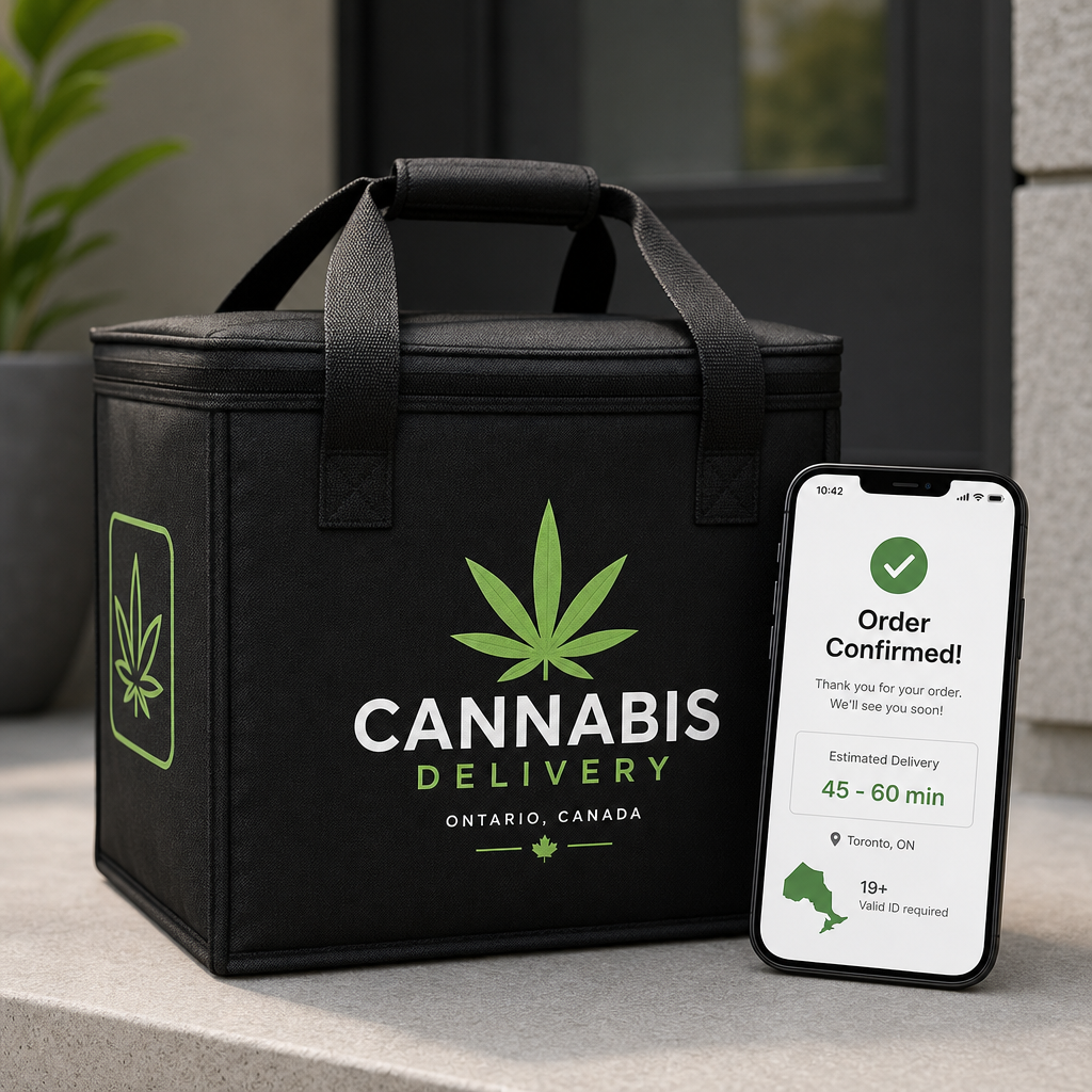 Cannabis delivery bag with order confirmation in Ontario Canada