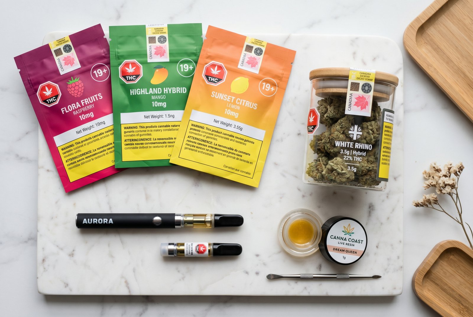 Premium cannabis products available for same-day weed delivery in Barrie including flower edibles vapes and concentrates