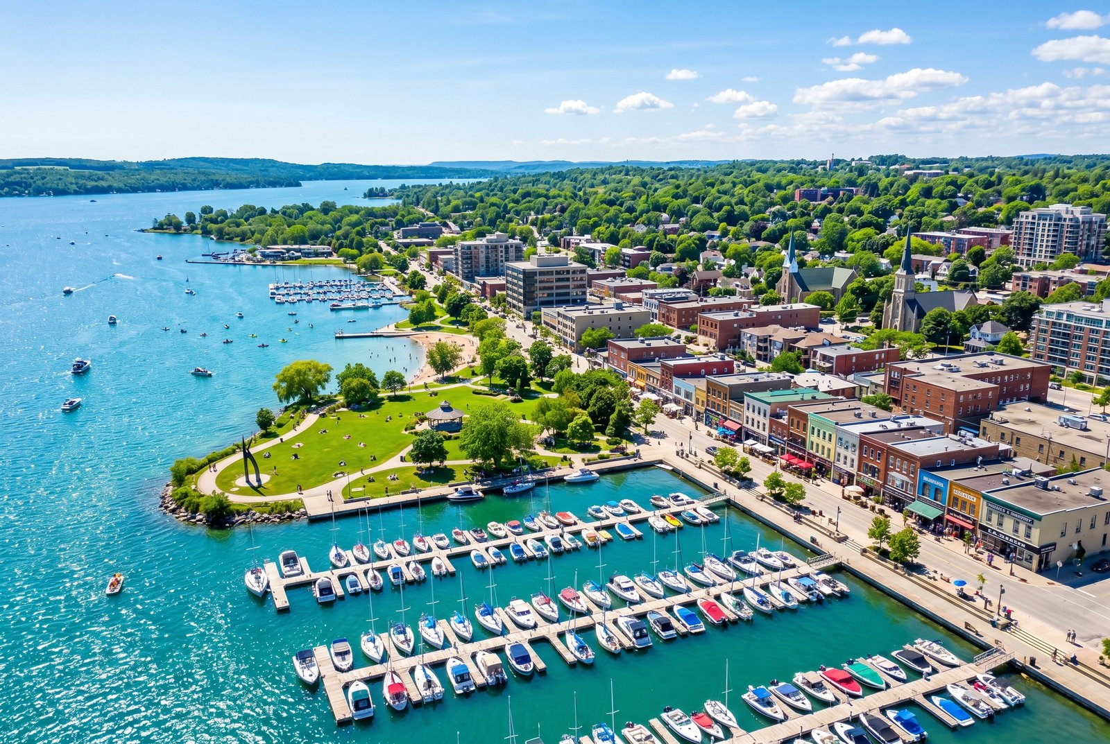 Aerial view of downtown Barrie Ontario waterfront and Kempenfelt Bay — cannabis delivery service area for LaughBuds