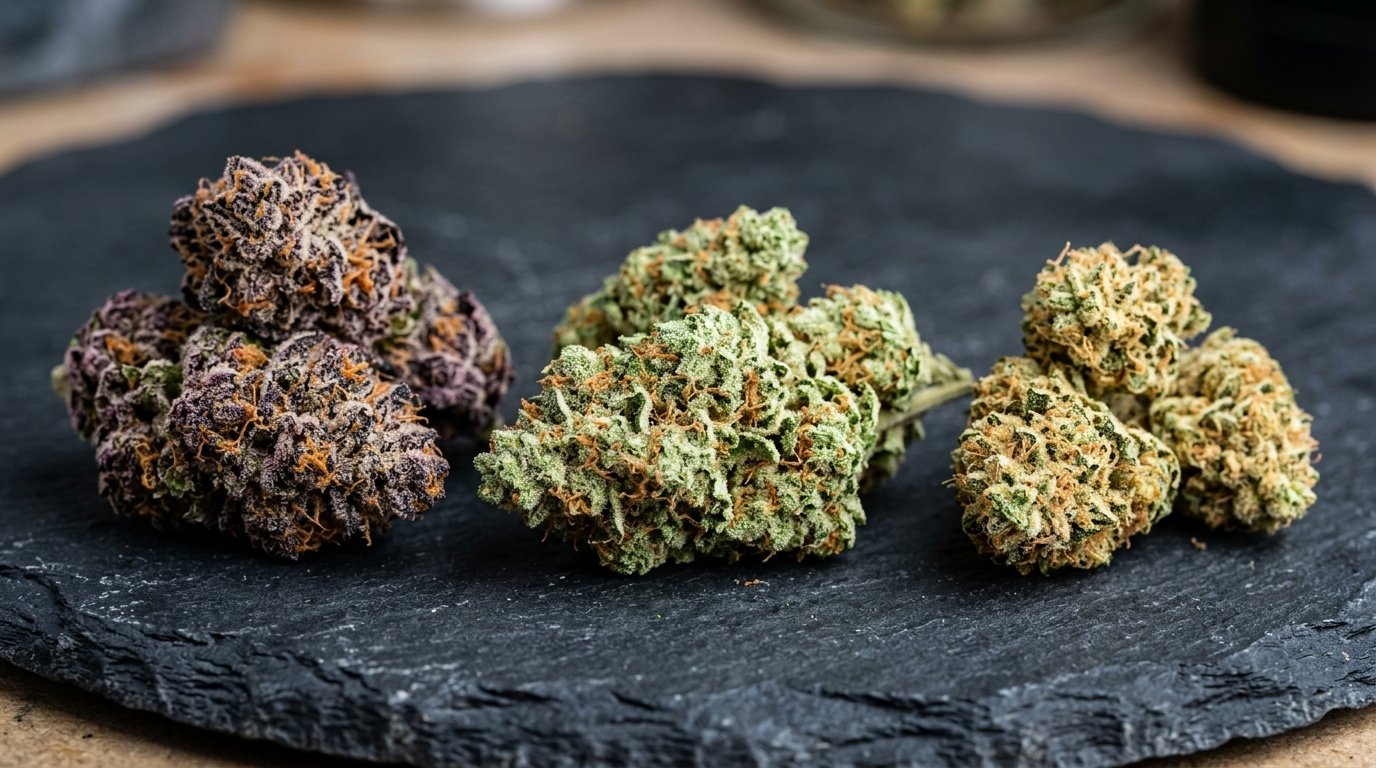 Premium cannabis flower strains available at online dispensary Barrie — indica, sativa and hybrid buds with visible trichomes