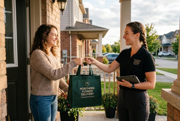 Weed delivery Barrie — LaughBuds driver handing a discreet cannabis package to a customer at their front door in Barrie Ontario